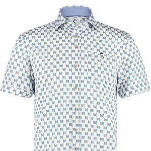 R2 Amsterdam White/Blue Door Print Short Sleeve Button Up Shirt
